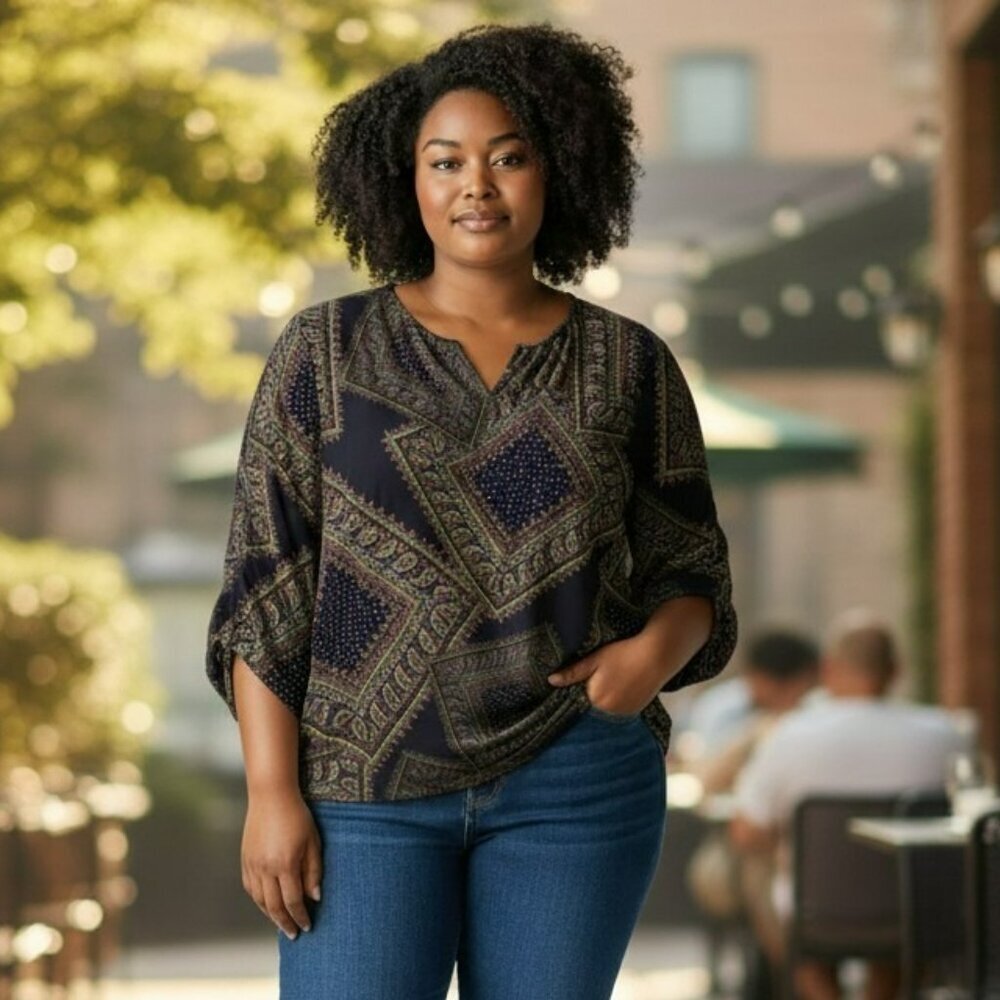 ING Womens Plus Size 5X Navy Blue Paisley Long Sleeve Shirt Blouse Top 30W 32W